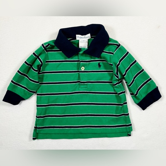 RALPH LAUREN Baby 100% Cotton Green Navy Striped Rugby Polo Shirt Preppy Size 6M - Picture 1 of 7